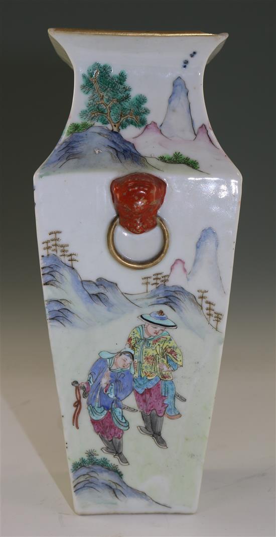 A Chinese famille rose square baluster vase, late 19th century, 23.7cm, chip to rim